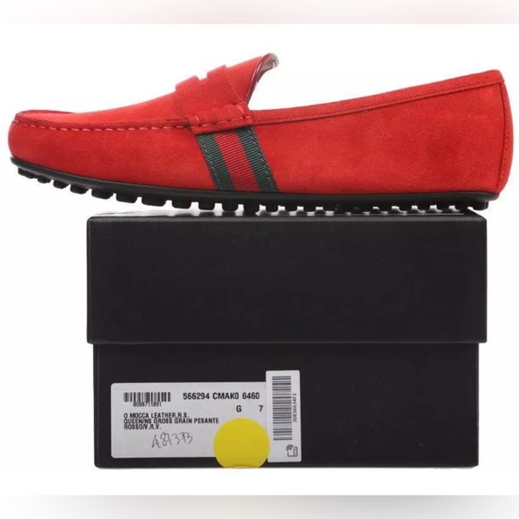 GUCCI RED SUEDE LEATHER WEB DETAIL MOCCASIN LOAFERS SHOES 5.5/US 6 NWB - Picture 8 of 8